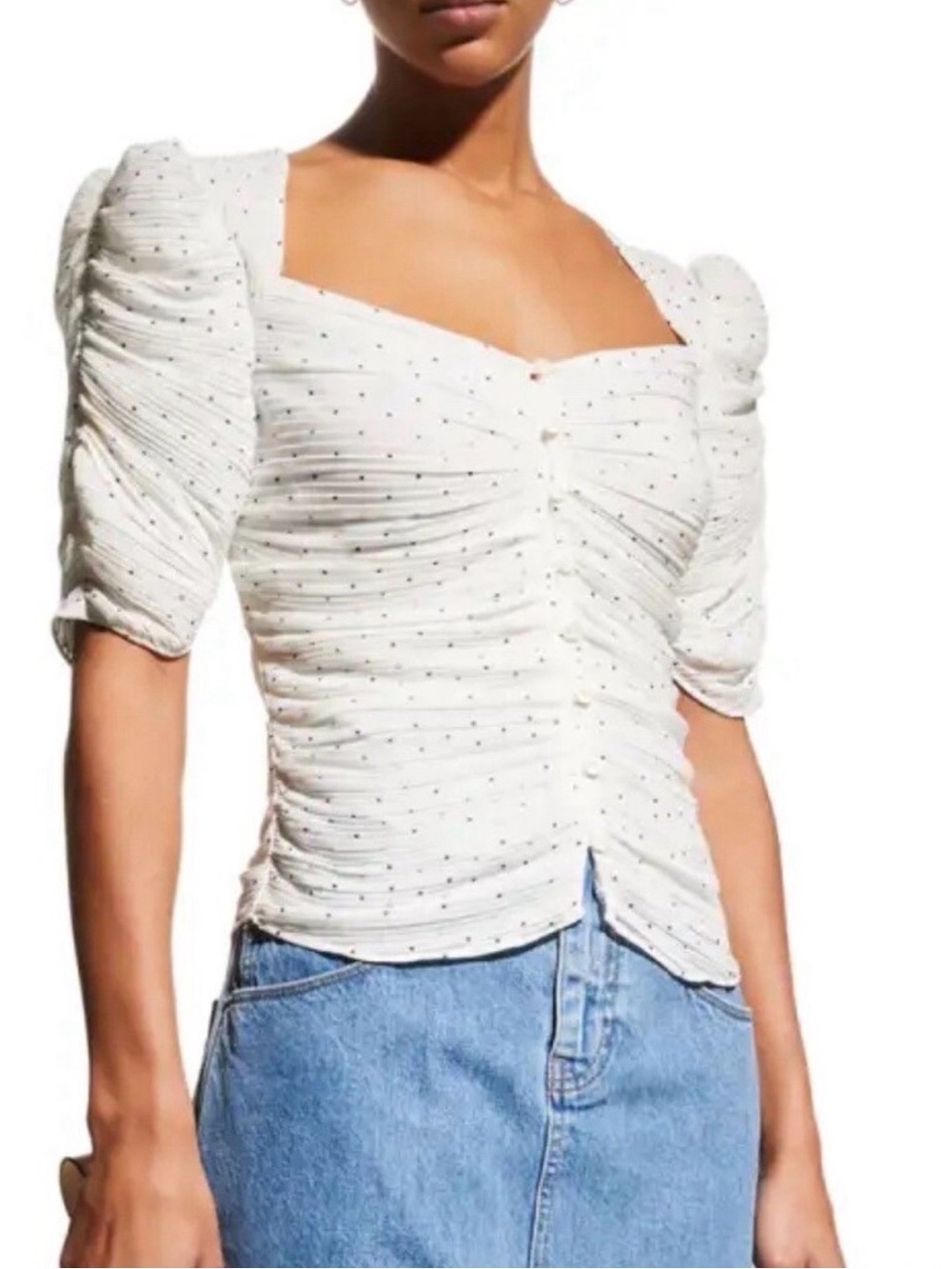 Frame Ruched Square-Neck Puff Sleeve Top with Tiny Dot Detail